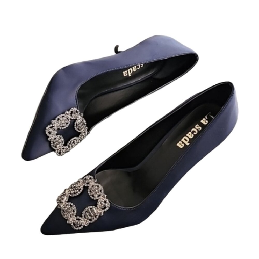 LA SCADA Navy Satin Pumps 37 7 Heels Jeweled Brooch Pointy Toe Euro Luxe - Picture 16 of 16